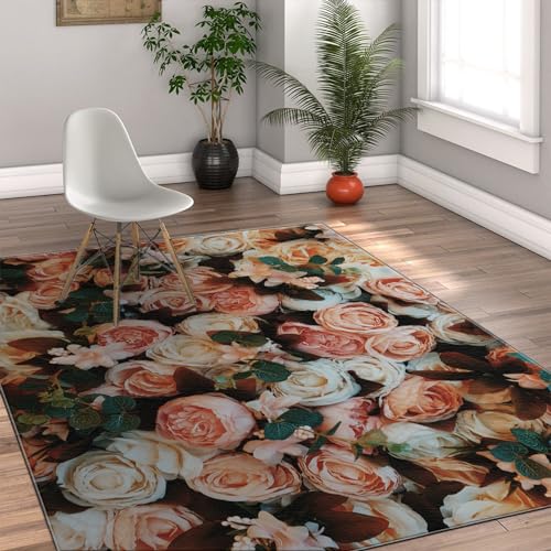FEIPUHOME Art Eleganter blühender Rosenblumen-Teppich 3D-Blumendruck Wohnzimmerteppiche unter Sofatisch waschbarer, Rutschfester, Leichter Teppich 150x210cm von FEIPUHOME Art