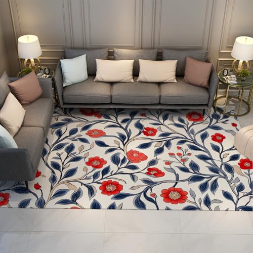 FEIPUHOME Art Englischer Garten Ästhetischer Teppich Rote Blumen Blaue Blätter Akzent Boden Teppich Für Wohnzimmer Schlafzimmer Esszimmer Büro Niedriger Flor 200x300cm FEIPUHOME Art Englischer Garten Ästhetischer Teppich Rote Blumen Blaue Blätter Akzent Boden Teppich Für Wohnzimmer Schlafzimmer Esszimmer Büro Niedriger Flor 200x300cm von FEIPUHOME Art