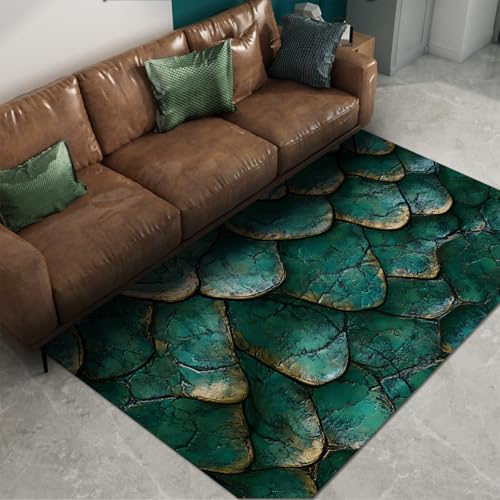 FEIPUHOME Art Fantasy Style Teppich Drachenfisch Schuppen Reptil Textur Teppich für Wohnzimmer Jungen Schlafzimmer Sportzimmer Waschbar Metallic Grün 120x180cm von FEIPUHOME Art