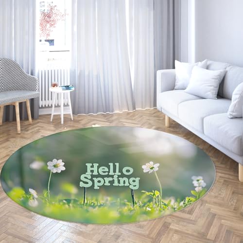 FEIPUHOME Art Frühling Boho Runde Teppiche Schöne Weiße Blumen und Grün Rasen Abwaschbar Rutschfester Eingangsbereich Fußmatte Kinderzimmer Spielzimmer Schlafsaal Minimalistische Wohnkultur 160x160cm von FEIPUHOME Art
