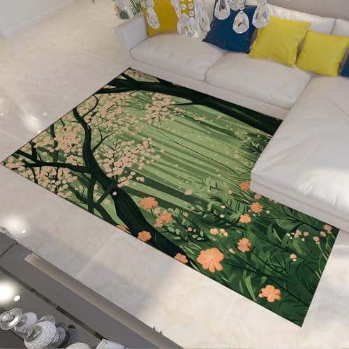 FEIPUHOME Art Frühling Botanische Teppiche Weich Gemütlich Grün Natur Wald Rosa Blüte Teppiche Für Kinder Jugendzimmer Schlafzimmer Küche Niedriger Flor rutschfest 180x280cm von FEIPUHOME Art