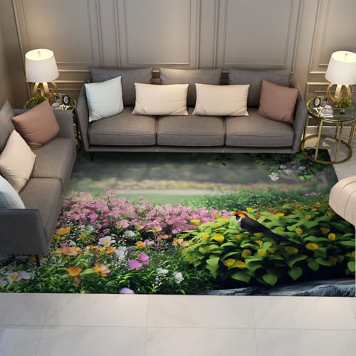 FEIPUHOME Art Frühling Naturpark Landschaft Teppiche Vögel Blühende Blumen Gras Sträucher Teppich Werfen Rutschfester Eingang für Zimmer Kaffee Stuhl Bauernhaus 120x150cm von FEIPUHOME Art