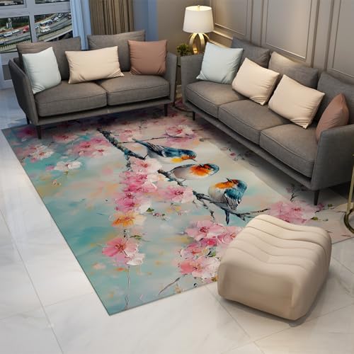 FEIPUHOME Art Frühling Thema Retro Teppiche Waschbar Weicher Rutschfester Teppich Kirschblüte Vögel Kunst Kinderzimmer Schlafzimmer Wohnzimmer Eingangsbereich Arbeitszimmer 60x90cm von FEIPUHOME Art