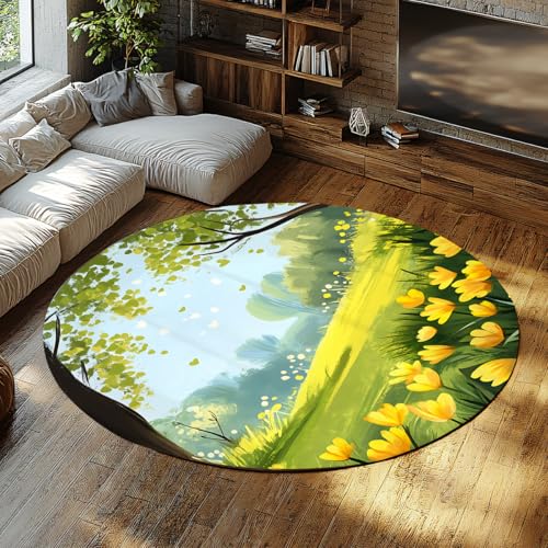 FEIPUHOME Art Frühling Wiese Runde Teppiche Grün Baum Gelb Blumen Boden Teppich für Wohnzimmer Schlafzimmer Spielzimmer Unter Tisch Gemütlich Niedriger Flor Waschbar 120x120cm FEIPUHOME Art Frühling Wiese Runde Teppiche Grün Baum Gelb Blumen Boden Teppich für Wohnzimmer Schlafzimmer Spielzimmer Unter Tisch Gemütlich Niedriger Flor Waschbar 120x120cm von FEIPUHOME Art