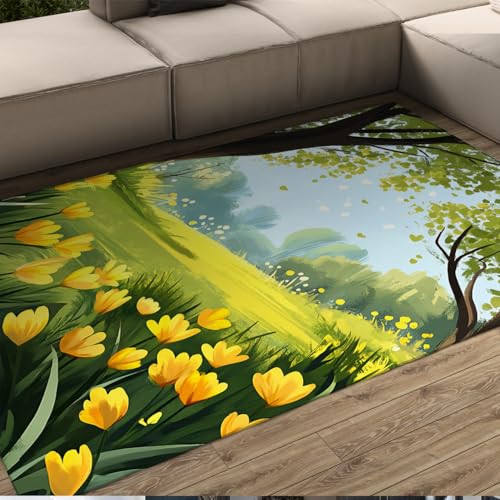 FEIPUHOME Art Frühling Wiesen Teppiche Grün Baum Gelb Blumen Boden Teppich für Wohnzimmer Schlafzimmer Spielzimmer Unter Tisch Gemütlich Niedriger Flor Waschbar 160x200cm von FEIPUHOME Art