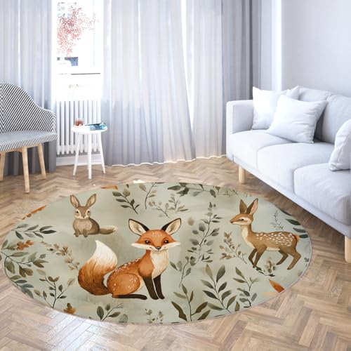 FEIPUHOME Art Fuchs Hirsch Kaninchen Muster Runder Teppich Waschbar Weich rutschfest Waldtiere Natur Design Gemütlicher Boden Teppiche Kinderzimmer Schlafzimmer Teenager Zimmer 120x120cm von FEIPUHOME Art
