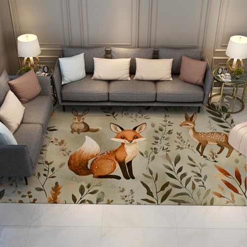 FEIPUHOME Art Fuchs Hirsch Kaninchen Muster Teppich Waschbar Weich rutschfest Wald Tiere Natur Design Gemütlicher Boden Teppiche Kinderzimmer Schlafzimmer Teenager Zimmer 200x300cm von FEIPUHOME Art