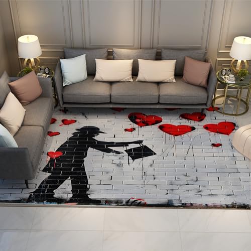 FEIPUHOME Art Großer Teppich für Teenager Erwachsene Schlafzimmer Dekor Banksy Stil rote Liebesherzen druckt Teppiche weiße Ziegel Textur Muster rutschfeste Matte 120x150cm von FEIPUHOME Art