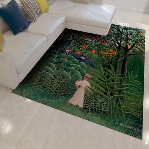 FEIPUHOME Art Grüne großflächige Teppiche Henri Rousseau Mädchen Spaziergang im Wald Vintage Gemälde Drucke Teppich für Schlafzimmer Dekor Tropische Pflanzenmatten 120x210cm von FEIPUHOME Art