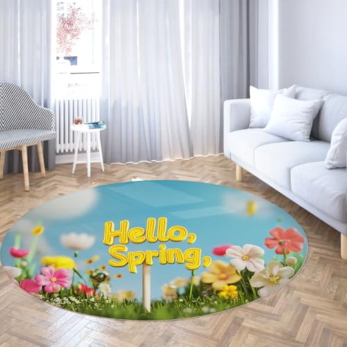 FEIPUHOME Art Hallo Frühling Blumen Runde Teppiche Fröhliche Natur Blühender Innen- / Außenbereich Teppich für Teenager Spielzimmer Esszimmer Waschbar rutschfest Mehrfarbig 80x80cm von FEIPUHOME Art