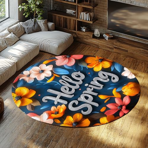 FEIPUHOME Art Hallo Frühling Blumen Runde Teppiche für Wohnzimmer Wohnung Moderne Natur Lebendige Blumen Teppich Niedriger Flor Für Unter Tisch Niedriger Flor rutschfest 80x80cm von FEIPUHOME Art