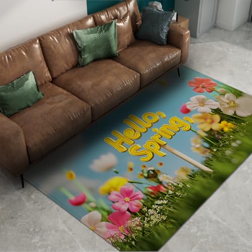 FEIPUHOME Art Hallo Frühling Blumenteppiche Fröhliche Natur Blühender Innen- / Außenbereich Teppich für Teenager Spielzimmer Esszimmer Waschbar rutschfest Mehrfarbig 160x230cm von FEIPUHOME Art