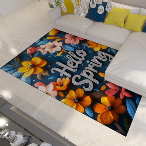 FEIPUHOME Art Hallo Frühling Blumenteppiche für Wohnzimmer Wohnung Moderne Natur Lebendige Blumen Teppich Niedriger Flor Für Unter Tisch Niedriger Flor rutschfest 90x120cm von FEIPUHOME Art