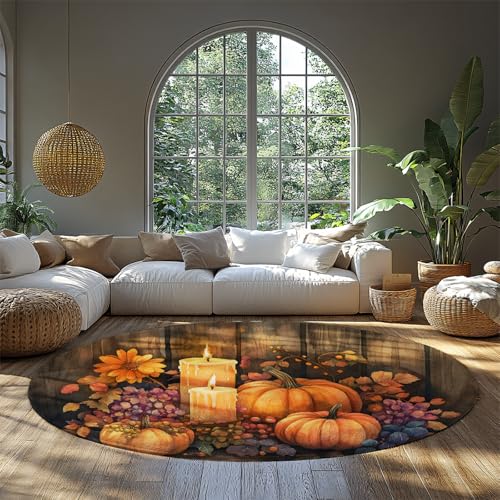 FEIPUHOME Art Harvest Festival Thema runder Teppich Kürbis Chrysantheme Kerze Trauben werfen Teppiche für Bauernhaus vor Kamin niedriger Flor faltbar 80x80cm von FEIPUHOME Art