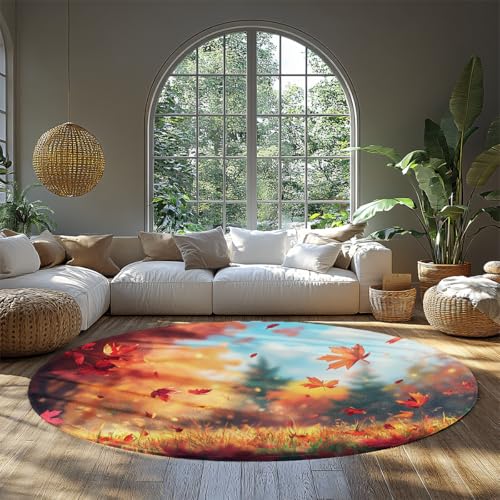 FEIPUHOME Art Herbstthema Runde Teppiche Maschinenwaschbar Fallende Blätter Wald Natur Szene Teppich für Wohnzimmer Schlafzimmer Bauernhaus rutschfest Faltbar 80x80cm von FEIPUHOME Art