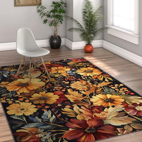 FEIPUHOME Art Herbstthema Teppich Chrysantheme Blumen Fallen Blätter Teppich Große waschbare Wohnzimmerteppiche Vor Couch Wohnkultur Gelb 60x90cm von FEIPUHOME Art
