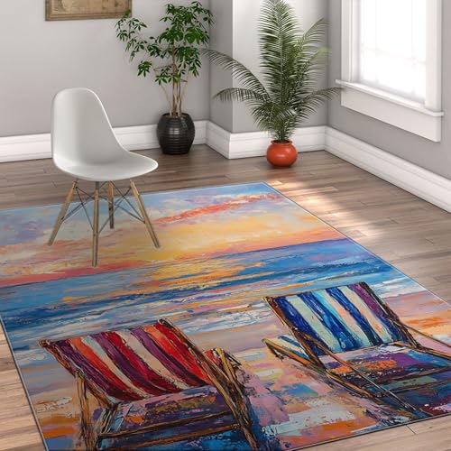 FEIPUHOME Art Impressionistischer Stil Küstenteppich Niedriger Flor Dünner Strand Sonnenuntergang Liegestühle Teppich für Kinderzimmer Jugendzimmer Schlafzimmer Esszimmer Niedriger Flor 60x90cm von FEIPUHOME Art