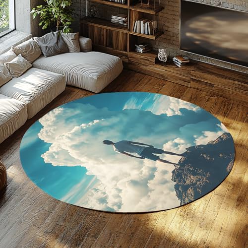 FEIPUHOME Art Inspirierendes Thema Weicher dünner runder Teppich Große weiße Wolken Mann auf dem Gipfel des Berges Design für Schlafzimmer Arbeitszimmer Lounge Teppiche Waschbar 80x80cm von FEIPUHOME Art