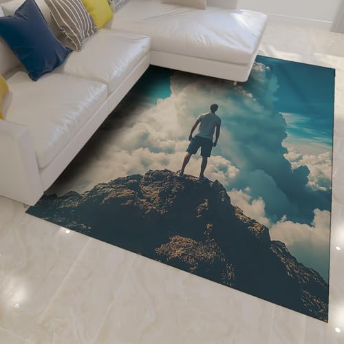 FEIPUHOME Art Inspirierendes Thema weicher dünner Teppich große weiße Wolken Mann auf dem Gipfel des Berges Design für Schlafzimmer Arbeitszimmer Lounge Teppiche waschbar 200x300cm von FEIPUHOME Art