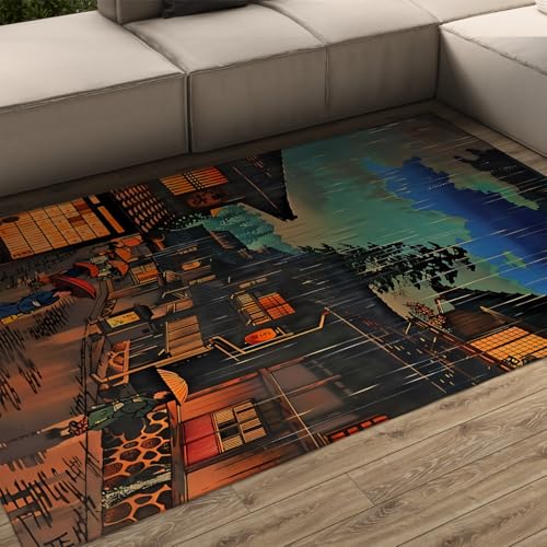 FEIPUHOME Art Japanische Dorfkunst Teppich Straßenszene im Regen Boden Teppiche für Schlafzimmer Home Office Cafe Wohnung waschbar rutschfest gemütlich 180x240cm von FEIPUHOME Art