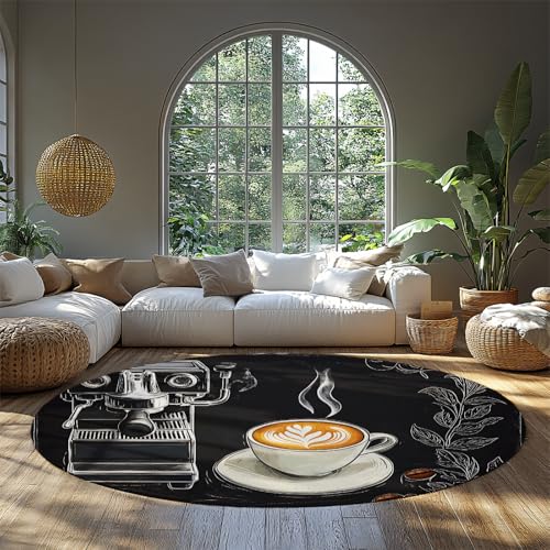 FEIPUHOME Art Kaffee Kunst Runder Teppich Zeitgenössische Pinselstriche Waschbarer Rutschfester Boden Teppiche für Wohnzimmer Küche Esszimmer Eingangsbereich Dekor Schwarz 160x160cm von FEIPUHOME Art
