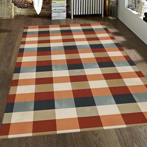 FEIPUHOME Art Karierte Streifen waschbarer Akzentteppich Retro einfache weiche gemütliche niedrigflorige Teppiche für Schlafzimmer Wohnzimmer Eingangsbereich Boden unter Tisch 120x180cm von FEIPUHOME Art