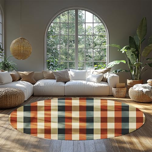 FEIPUHOME Art Karierte Streifen waschbarer Akzentteppich Retro einfache weiche gemütliche runde Teppiche mit niedrigem Flor für Schlafzimmer Wohnzimmer Eingangsbereich Boden unter Tisch 120x120cm von FEIPUHOME Art