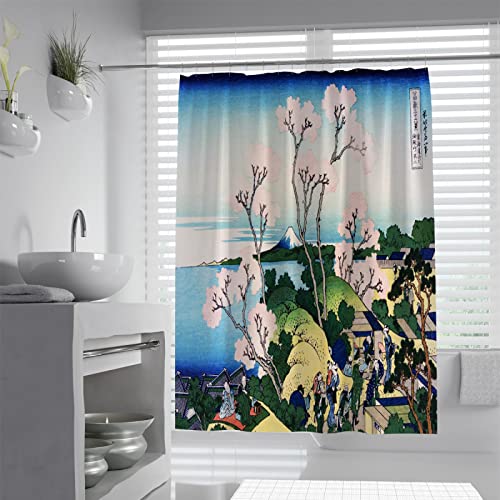 FEIPUHOME Art Katsushika Hokusai Rosa Kirschblüten Duschvorhang Japanischer Stil Stoff Maschine Waschbare Badezimmer Dekor Multi Size Vorhang 180x200cm von FEIPUHOME Art