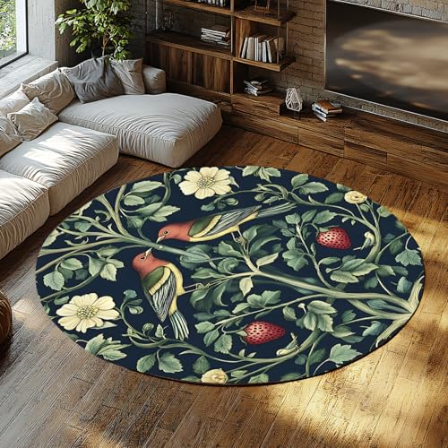 FEIPUHOME Art Ländliche Kunst Runde Teppiche Erdbeere Spatz Blume Blätter Große rutschfeste Innendekoration Teppich für Lounge Tee Tisch Sofa Fußmatten 120x120cm von FEIPUHOME Art