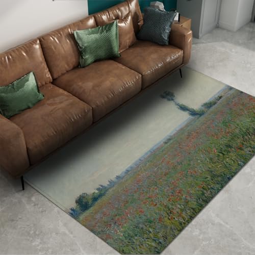 FEIPUHOME Art Ländliche Natur Landschaft Teppich Rotes Blumenfeld Berühmte Malerei Drucke rutschfest Waschbarer Teppich für Wohnzimmer Unter Tisch Hinterhof Deck 120x150cm von FEIPUHOME Art