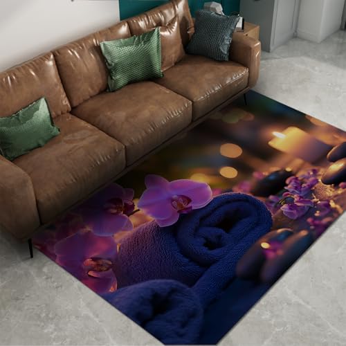 FEIPUHOME Art Luxus Romantischer Teppich Lila Orchidee Handtücher Kerze Spa Entspannender Schlafzimmerteppich für Eingangsbereich Küche Wäscherei Weich rutschfest 180x240cm von FEIPUHOME Art