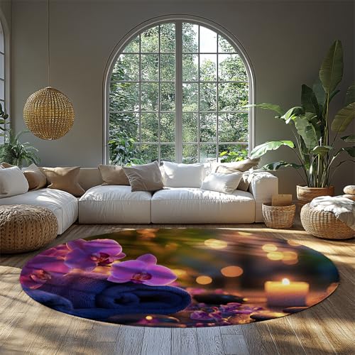 FEIPUHOME Art Luxus Romantischer Teppich Lila Orchidee Handtücher Kerze Spa Entspannendes Schlafzimmer Runder Teppich für Eingangsbereich Küche Wäscherei Weich rutschfest 80x80cm von FEIPUHOME Art