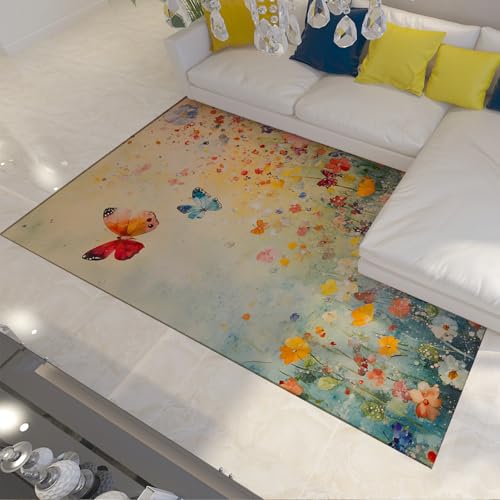 FEIPUHOME Art Mid - Century Garten Rutschfester Teppich Bunte Schmetterling Blume Teppich Waschbar rutschfest Weich für Spielzimmer Kinderzimmer Wohnung 160x230cm von FEIPUHOME Art