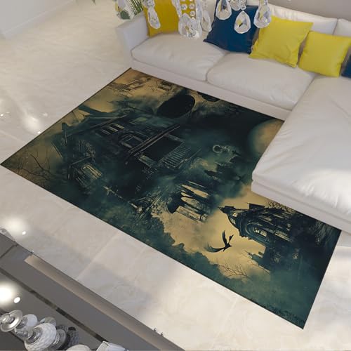 FEIPUHOME Art Mid-Century Gothic Stil Teppich Wohnzimmer Schlafzimmer Vintage Horror Schloss und Skelette Matte Rutschfester Indoor Outdoor Teppich Niederflor 80x120cm von FEIPUHOME Art