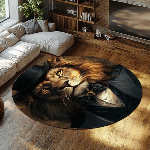 FEIPUHOME Art Mid-Century Retro Runde Teppiche Löwe in einem Anzugmuster Waschbarer niedrigfloriger Bodenteppich für Wohnung unter Tisch Home Office Spielzimmer 120x120cm von FEIPUHOME Art
