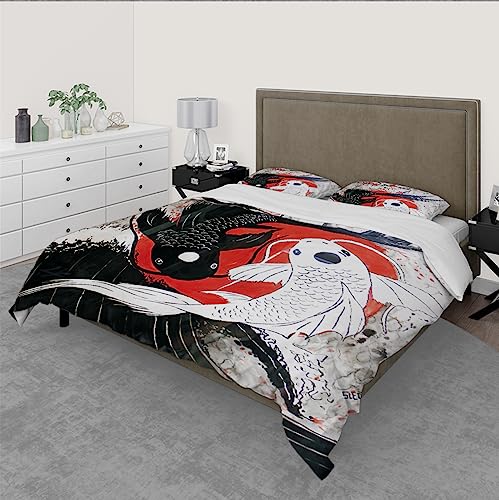 FEIPUHOME Art Mikrofaser-Bettbezüge Set mit Reißverschluss Koi Fish Yin Yang Bettwäsche im chinesischen Stil 1 Bettbezug mit 2 Kissenbezügen 135x200cm von FEIPUHOME Art