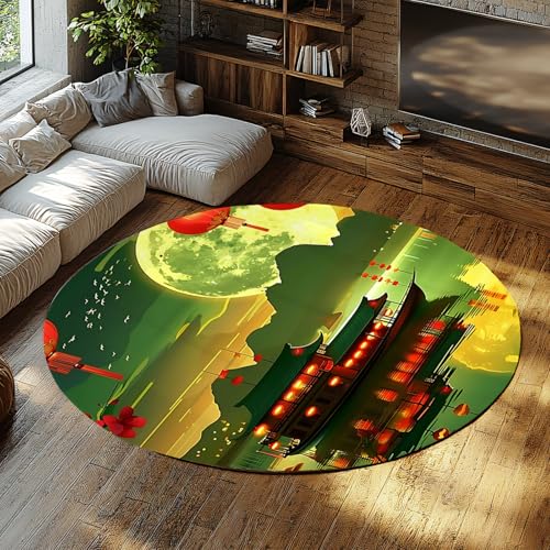 FEIPUHOME Art Mittherbst-Festival Thema Runder Teppich Vollmond Laterne Boot Szenerie Weiche niedrigflorige Bodenteppiche für Wohnzimmer, Schlafzimmer, Esszimmer rutschfest 120x120cm von FEIPUHOME Art