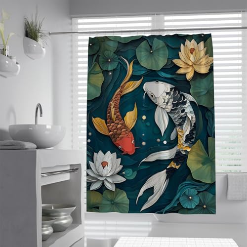 FEIPUHOME Art Moderne Kunst Duschvorhang Lotus Koi Teich Grün Blätter Muster Badewanne Vorhänge Modernes Badezimmer Dekorativer Stoff mit Haken Waschbar 200 x 240 cm von FEIPUHOME Art