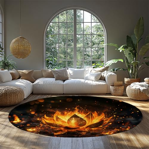 FEIPUHOME Art Moderne Kunst Runde Teppich Nacht Lagerfeuer Brennen Golden Lotus Blumenteppiche für Innen Große Wohnzimmer Schlafzimmer Nachttisch Niedriger Flor Waschbar 200x200cm von FEIPUHOME Art
