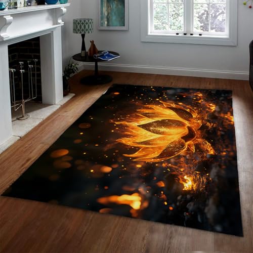 FEIPUHOME Art Moderne Kunst Teppich Nacht Lagerfeuer Brennen Golden Lotus Blumenteppiche für den Innenbereich Große Wohnzimmer Schlafzimmer Nachttisch Niedriger Flor Waschbar 90x120cm von FEIPUHOME Art