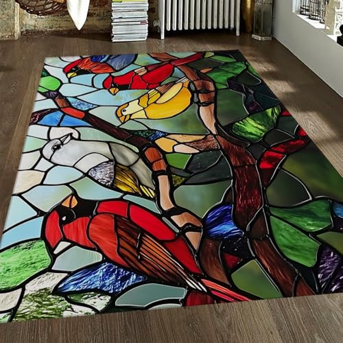 FEIPUHOME Art Moderne abstrakte Kunst Teppich Bunte Vogeldrucke Teppiche für Kinderzimmer Schlafzimmer Wohnzimmer Eingangsbereich Bodendekoration waschbar rutschfest 90x150cm von FEIPUHOME Art