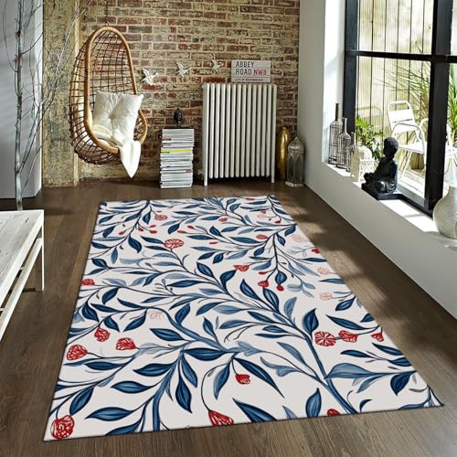 FEIPUHOME Art Moderner Boho Anti-Rutsch-Teppich Blaue Kleine Blätter Rote Blumen Muster Teppiche für Bauernhaus Wohnzimmer Weicher gemütlicher Schlafzimmerteppich mit niedrigem Flor 180x280cm von FEIPUHOME Art