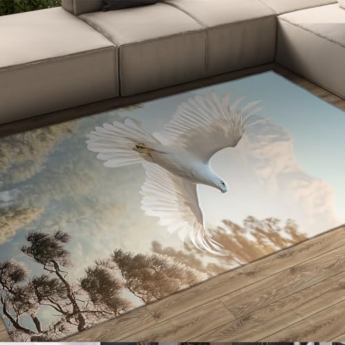 FEIPUHOME Art Natur Landschaft Teppich Kiefer Wald Weißer Adler Berge Dünne Niederflorteppiche für Schlafzimmer Esszimmer Unter Tisch Eingangsbereich Waschbar 200x300cm von FEIPUHOME Art
