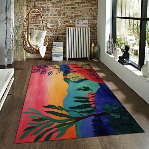 FEIPUHOME Art Natur Thema Aquarell Kunst Teppich Tropische Blätter Berge Teppich für Wohnzimmer Schlafzimmer Esszimmer Niedriger Flor Leicht zu reinigen 60x90cm von FEIPUHOME Art