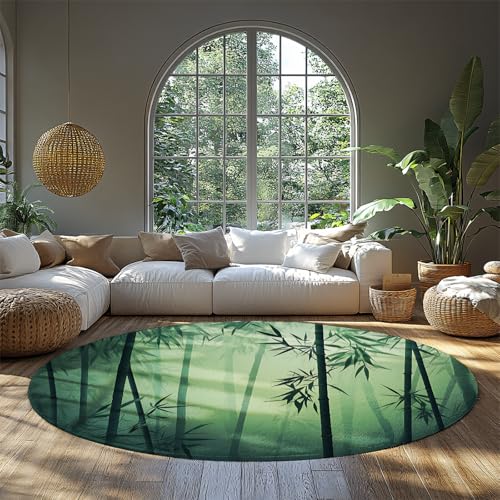 FEIPUHOME Art Natur Thema Runder Teppich Bambus Waldnebel Waschbare rutschfeste niedrigflorige Akzentteppiche für Schlafzimmer Wohnzimmer Gemütliche Innenbodenmatte Grün 160x160cm von FEIPUHOME Art