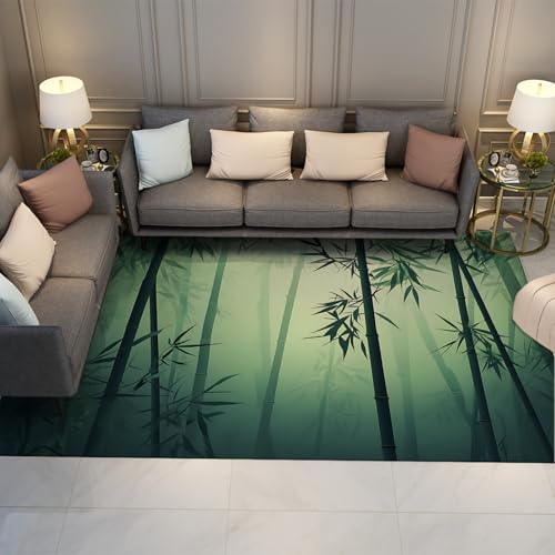 FEIPUHOME Art Natur Thema Teppich Bambus Wald Nebel Waschbar rutschfeste Niederflor Akzent Teppiche für Schlafzimmer Wohnzimmer Gemütliche Innenbodenmatte Grün 90x150cm von FEIPUHOME Art