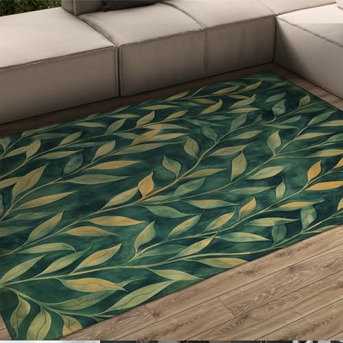FEIPUHOME Art Natur botanische Teppiche waschbarer Rutschfester Teppich für Wohnzimmer Schlafzimmer Hinterhof grüne Blätter Muster weicher Innenbodenteppich 120x150cm von FEIPUHOME Art