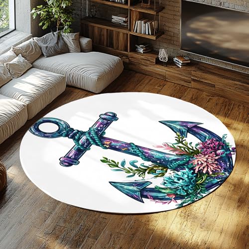 FEIPUHOME Art Nautische Anker Runder Teppich Waschbar Weichalgen Korallenteppiche für Wohnzimmer Schlafzimmer Wohnung Unter Tisch Wohnkultur Niedriger Flor rutschfest 200x200cm von FEIPUHOME Art