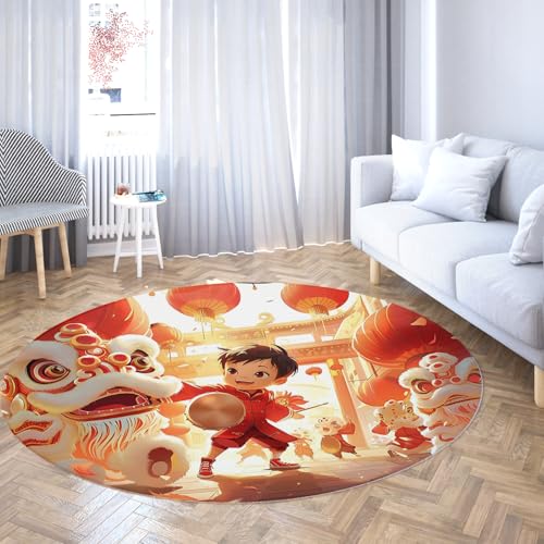FEIPUHOME Art Neujahrsthema Runder Teppich Löwe Kinder Laterne Taille Trommel Muster Teppiche für Mädchen Junge Zimmer Schlafzimmer Flur rutschfeste waschbare Fußmatte 80x80cm von FEIPUHOME Art