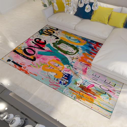 FEIPUHOME Art Niedriger Flor Rutschfester Teppich abstrakte Kunst Graffiti Bereich Teppich für Wohnzimmer Wohnung Dekor Banksy Stil Hip Hop Thema Teppiche, Orange 160x230cm von FEIPUHOME Art